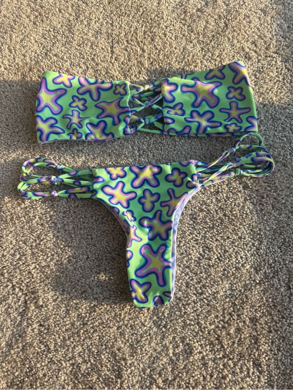 moana bikini Green Floral-Print Bandeau Bikini with Purple Accents